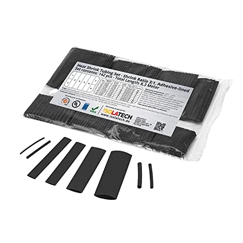 ISOLATECH 142-tlg. 3:1 mit Kleber Schwarz Schrumpfschlauch Set unbeschriftet. Set Gesamtlänge von 8,3m in Plastikbeutel. Heißkleberschicht auf der Innenseite wasserdicht