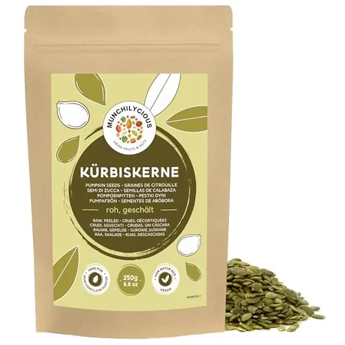 Munchilycious Kürbiskerne 250g, geschälte rohe Kürbiskerne zum Essen, Keto-Snack, Nuss-Snack