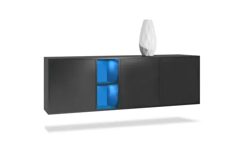 Vladon Sideboard Cuba mit LED-Beleuchtung - Modernes Sideboard in Schwarz matt (182 x 53 x 35 cm) mit 3 Türen und 2 offenen Fächern. Ideal für stilvolle Aufbewahrung und einfache Selbstmontage.