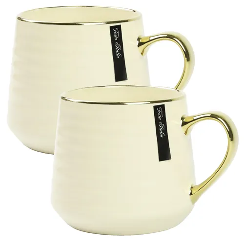 Kaffeebecher Becher 2 Satz Porzellan Kaffeetasse mit Henkel Beige/Gold 570 ml