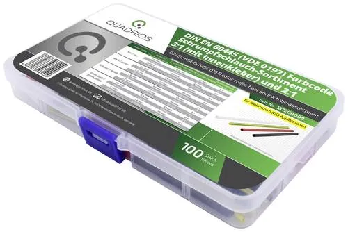 Quadrios 1812CA008 Schrumpfschlauchsortiment Schwarz, Rot, Weiß, Grün-Gelb Schrumpfrate:3:1, 2:1 100 Teile