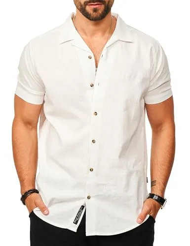 behype. Herren Kurzarm Leinenhemd - Freizeithemd im Sommer-Look mit Reverskragen CR_9212-Weiß-XXL - Leichtes Leinen-Baumwoll-Mix Hemd, ideal für warme Tage. Moderner Reverskragen für einen lässig-eleganten Look. Bequemer Regular Fit für höchsten Tragekomfort – perfekt für Freizeit, Urlaub oder Strand.