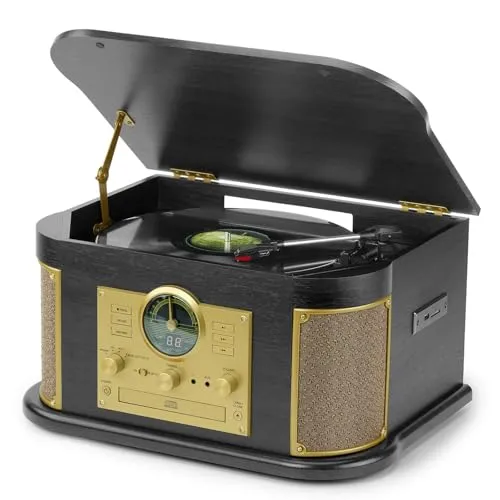 DLITIME 10‑in‑1 Plattenspieler im Retro‑Design mit Bluetooth und integrierten Lautsprechern, CD, FM‑Radio, USB/SD‑Aufnahme zur Vinyl‑Digitalisierung, AUX‑Eingang und RCA‑Line‑Out
