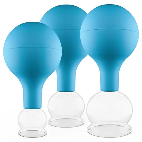 Pulox Schröpfgläser Set aus Echtglas mit Saugball - 3x Medizinisches Schröpfglas in Blau - 25mm, 32mm, 40mm