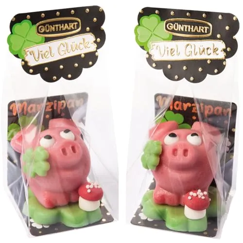 Günthart 2 Stück Marzipan Schweinchen auf Kleeblatt im Cellophanbeutel einzeln verpackt, 2er Pack (80 gr)