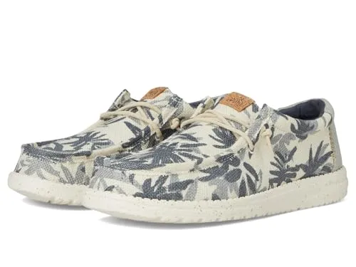 Hey Dude Hausschuhe Wally Palm Jute blau - Slipper & Mokassins für Herren mit leichtem, flexiblen Jute-Obermaterial und tropischen Drucken. Ideal für Komfort und Bewegungsfreiheit, perfekt für entspannte Tage.