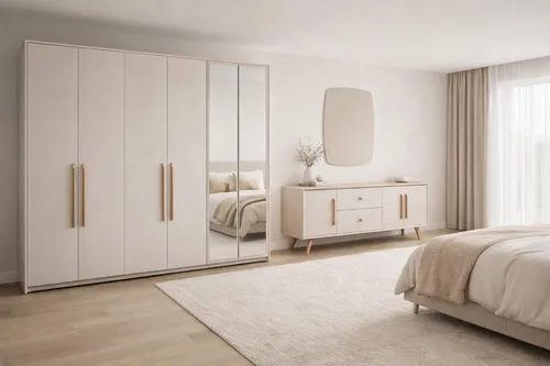 Luxuriöses Schlafzimmer-Set mit großem Kleiderschrank, Holzkonsole und Spiegel