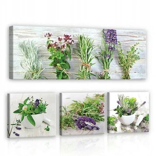 Leinwandbild Küche Gewürz Kräuter 4-teilig - Poster & Kunstdrucke - Brillantes Leinwandbild mit fotorealistischen Motiven, UV-beständig und geruchsfrei, ideal für einen modernen Look in Ihrer Küche oder Esszimmer.