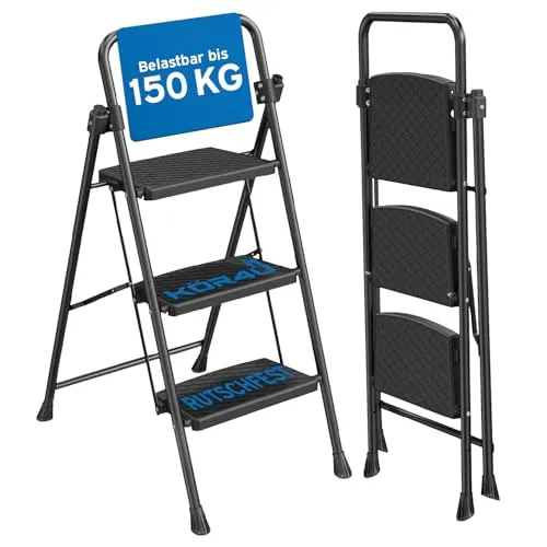 kör4u Trittleiter 3 Stufen – bis 150 kg belastbar, klappbar & platzsparend, stabile Haushaltsleiter, rutschfeste Stufen, Stahlrahmen, schwarz