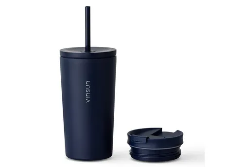 Vinsun Thermobecher Edelstahl Becher mit Strohhalm 480ml - Isolierbecher auslaufsicher, 4-tlg., Edelstahl, Doppelwandig isoliert, BPA frei, bruchfest, Kalt- und Heißgetränke