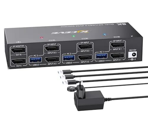 8K@30Hz KVM Switch 3 PCs 2 Monitore, 4K@144Hz Displayport KVM Switch 3 PCs teilen sich 2 Monitore und 4 USB 3.0-Geräte, inklusive kabelgebundene Fernbedienung, Netzteiler und 3DP+3USB3.0-Kabeln