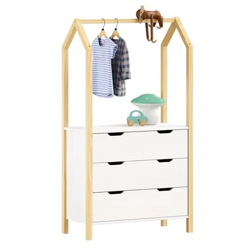 IDIMEX Kommode AMIRA, Kinderzimmer Kleiderschrank mit integrierter Kleiderstange - Schubladenkommode für das Kinderzimmer, bietet viel Stauraum mit 3 Schubladen und integrierter Kleiderstange für eine praktische Aufbewahrung von Kleidung und Spielzeug.