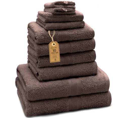 Frottier Handtuch-Set, 10-teilig, Schoko braun - Premium Frottier Handtuch-Set aus 100% Baumwolle, besonders weich und saugstark. Enthält 4 Handtücher, 2 Duschtücher, 2 Gästetücher und 2 Waschhandschuhe. Pflegeleicht und ideal für den täglichen Gebrauch.