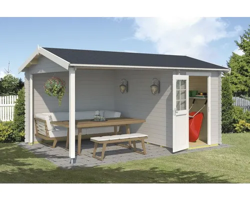 Gartenhaus Blockhaus Satteldach 28 mm Wibo 300 grau - Gartenhaus aus hochwertigem Holz mit 28 mm Wandstärke, abschließbar und ideal als Freisitz oder Stauraum, inklusive Boden und 5 Jahren Herstellergarantie.