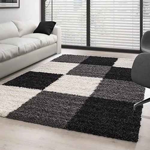 Carpettex Hochflor Teppich - Wohnzimmer Shaggy Flokati Modern Kariert Design 160 x 230 cm Schwarz - Schlafzimmer Weich Flauschig Waschbar - Küche Esszimmer Langflor