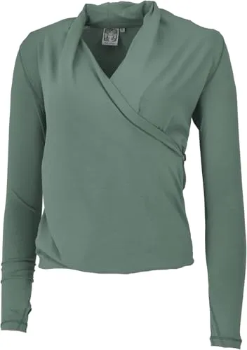 GURU SHOP Langarmshirt im Wickellook mit Daumenloch, Yogashirt aus Bio-Baumwolle - Grün, Damen, Size:XL
