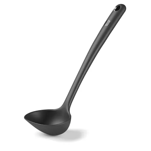 Hoffmann Schöpfkelle aus Edelstahl mit Silikonummantelung – 32 cm, anthrazit, hitzebeständig bis 200 °C, lebensmittelecht, spülmaschinenfest, Fassungsvermögen 90ml, Suppenlöffel,Suppenkelle