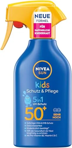 NIVEA SUN Kids Schutz & Pflege Sonnenspray LSF 50+, hoher Sonnenschutz mit Panthenol, Vitamin C und E, extra wasserfestes Sonnencreme Spray für empfindliche Haut (250 ml)
