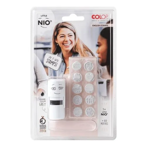 Glorex 6 2248 120 120-Colop Stempel Set von Little Nio mit 10 austauschbaren Motiven, Design Englisch, Stempelkissen mit Grauer Tinte, zum Verzieren von Gegenständen, Geschenken und Karten, weiß