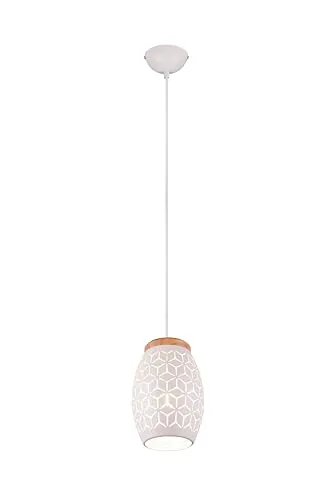 lightling einflammige Pendellampe Bill mit Holzakzenten, Höhe anpassbar, Deckenmontage, IP20 Indoor, exkl. 1 x E27 max. 28W, Ø 15 cm, Höhe 150 cm, Metall, weiß matt