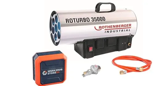 Rothenberger RoTurbo 35000 Gasheizer Heizkanone - Elektroheizkörper mit 34 kW Leistung, ideal für große Flächen bis 340 m³; inkl. Bluetooth Lautsprecher für bis zu 30 Std. Betriebszeit und hochwertige Sicherheitsmerkmale.