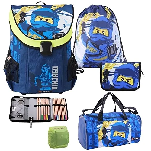 Familando Lego Ninjago Schulranzen Set 5tlg. Easy School Bag Jay mit Federmappe gefüllt, Turnbeutel, Regenschutz und großer Sporttasche Blauer Ninja Jay