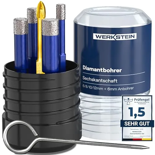 WERKSTEIN Fliesenbohrer Set - 6I8I10I12mm - Fliesen- & Glasbohrer Set mit hitzebeständigen Diamantbohrern für präzises Bohren in Fliesen, Glas und Granit. Ideal für Heimwerker und Profis!