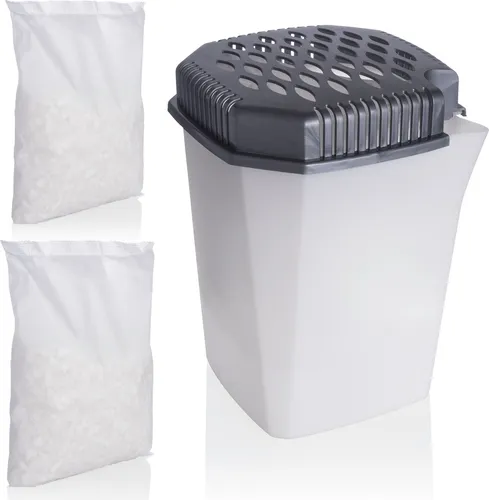 Luftentfeuchter mit Ausgießer ohne Strom mit 2x 680gr. Granulat - Wiederverwendbar - hält 4 Monate - Raumentfeuchter für Küche Badezimmer