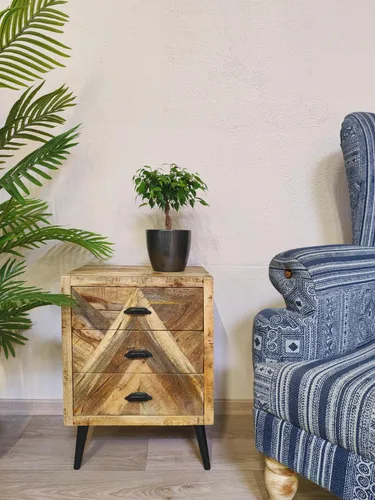 Mango Holz Möbel natur Nacht-Schrank mit 3 Schubladen 45 x 61cm