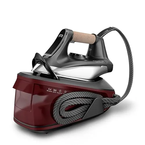 Rowenta Force Pro 350 Dampfbügelstation, 2400 Watt, 6,4 bar, 120 g/min Dampfabgabe, 2 Minuten Aufheizzeit, Präzisionsspitze, energiesparend, vertikales Dampfglätten, Schwarz/Dunkelrot, VR7443F0