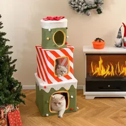 COSTWAY 3-stöckige Weihnachts-Katzenhöhle – Geschenkbox-Design, 120 cm, Plüsch Katzenhaus - Grün - Stylischer Weihnachts-Katzenbaum mit 3 gemütlichen Wohnungen, der gleichzeitig als festliche Dekoration dient. Der weiche Plüsch bietet Komfort, während der hängende Ball zum Spielen anregt. Maße: 49 x 49 x 120 cm.