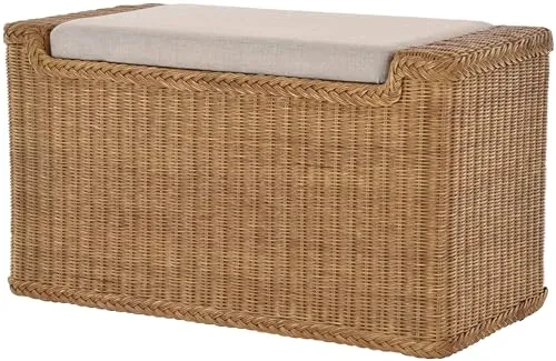 Wäschesortierer mit Sitzbank aus echtem Rattan – Wäschesammler mit 3 Fächern - Wäschebox aus Natur-Rattan mit massivem Holzrahmen, ideal als Sitzhocker. Praktische 3 Fächer mit Klettverschluss für optimale Wäschesortierung. Maße: 91x47x51 cm.