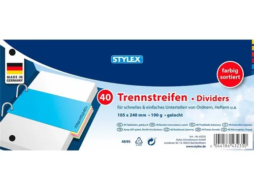 Trennstreifen Farbig 105 x 240mm 190g/qm 4-farbig sortiert Trennblatt gelocht 40