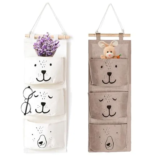 Xionghonglong 2 pcs Hängeorganizer, Hängeaufbewahrung Wandregal,Wand Hängen Tasche,Hängender Organizer mit 3 Taschen,Stoff Hängende Tasche für Kinder,Faltbare Hängetasche (weiß grau)