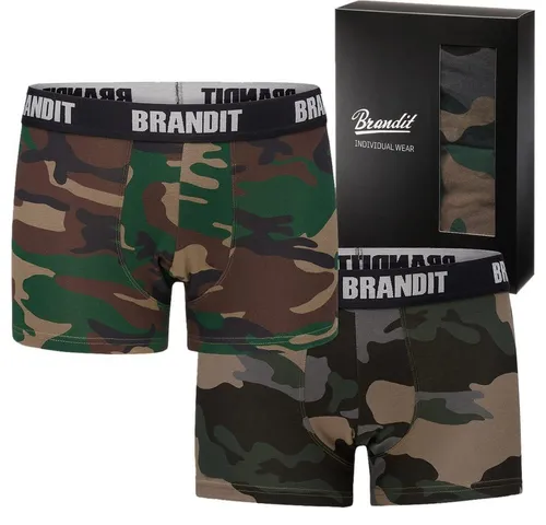 Brandit Boxer Shorts Logo 2 Pack - Woodland & Dark Camo, Größe S - Herren-Boxershorts aus hautfreundlichem Baumwoll-Stretch mit breitem Elastikbund und bequemen Schnitt, praktischer 2er Pack für optimalen Tragekomfort.