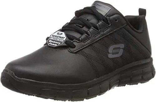 Skechers Damen Sure Track Erath Slip On Sneaker, Schwarz Leder, 38 EU - Damen-Sneaker mit rutschfester Gummi-Außensohle, ölbeständig und mit komfortabler Memory Foam Einlegesohle für optimalen Tragekomfort.