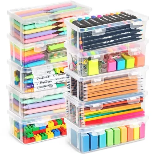 TEBOKHAD Aufbewahrungsbox Für Büromaterial, Plastik, Stiftebox Mit Snap-Dicht Deckel, Stapelbar, Für Schreibwaren, Dokumente, Stifte, Kleine Werkzeuge, Bpa Frei, Organizer (M)