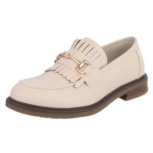 Ital-Design Damen Loafer mit Fransen und Schnalle Slipper (91742743) Blockabsatz Mokassins in Beige