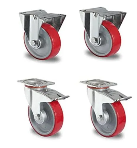 Rollensatz 2 Lenkrollen mit Feststeller + 2 Bockrollen 80 mm Polyurethan rot