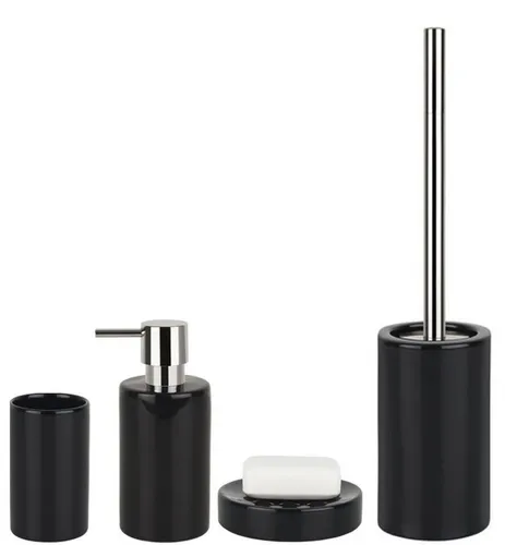 spirella Badaccessoires-Set TUBE, 4-teilig - Hochwertiges Badaccessoires-Set aus Keramik in elegantem Schwarz, inklusive WC-Bürste, Seifenspender, Zahnputzbecher und Seifenschale – perfektes Komplett-Set für Ihr Badezimmer.