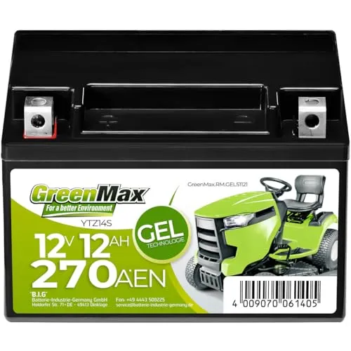 GreenMax Gel 51121 YTZ12S 12V 12Ah 270A/EN Starterbatterie für Rasentraktoren - Wartungsfreie GEL Batterie mit hoher Kapazität und exzellenter Kaltstartleistung, ideal für Rasenmäher auch bei extremen Wetterbedingungen. Qualität aus Deutschland, einsatzbereit geliefert.