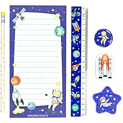 Papierdrachen 6-teiliges Schreibset für Grundschul Kinder | Astronaut-Motiv | mit Bleistift Spitzer Lineal Radierer Schreibblock | Geschenkidee zur Einschulung | Mitgebsel für Kindergeburtstag | Set 5