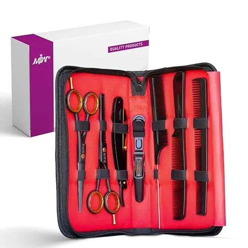 MJW Haarschneidescheren-Set – Friseur-Effilier- und Schneideschere mit 3-Teiligem Haarkamm-Set, Haarspange und Rachenrasierer, Schwarzes Salon Haarschere Friseurset für Männer und Frauen