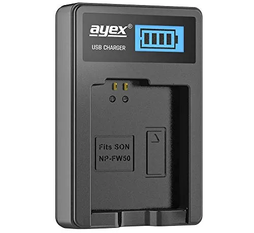 ayex USB Ladegerät Kompatibel mit Sony NP-FW50 für zB a6400 a5100 a7 II a7R a7S II Akku Lädt per USB-C zB an Laptop & Powerbank mit LCD-Ladestandanzeige