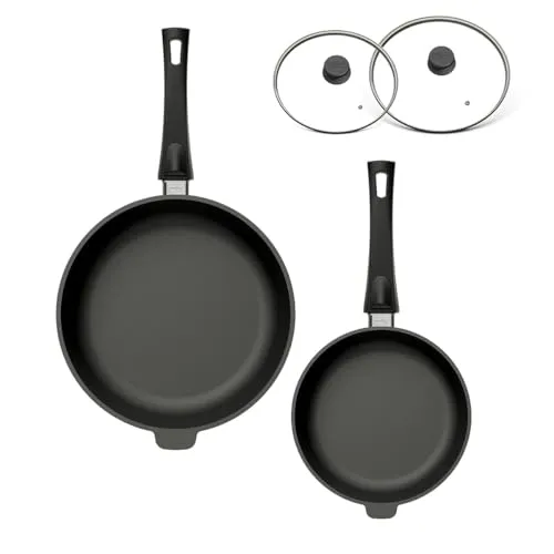 Hoffmann STONIQ Hochrandpfannen Set, 24 + 28 cm, Antihaftbeschichtet - Hochwertiges Pfannen-Set aus Aluguss mit ergonomischem Design. Ideal für stressfreies Braten dank PFAS-freier Antihaftbeschichtung. Made in Germany, backofenfest bis 300 °C und für alle Herdarten geeignet.