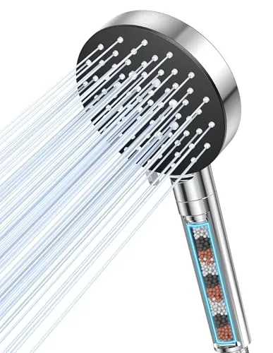 VOXON Duschkopf mit Filter, Wassersparender Duschkopf mit 6 Strahlarten, Hochdruck Handbrause mit 3-Lagen-Filtration und zusätzlichen Steinen für Hartes Wasser, Rest-Chlor, Bakterien, Schwermetall