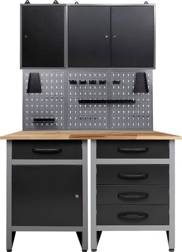 ONDIS24 Werkstatt-Set 120 cm grau|schwarz - Werkstatteinrichtung mit 5 Schubladen und 4 Türen, abschließbar und bis zu 800 kg belastbar – ideal für Hobbywerkstätten.