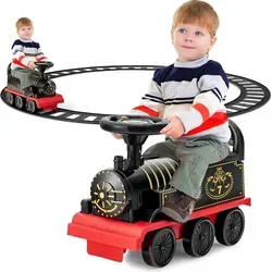 GOPLUS Kinder Elektro Zug, Kinderfahrzeug mit 16 STK. Schiene Set, 6V Kinder Aufsitz mit Licht, Musik, Zugpfeife & Stauraum, Elektro Kinderauto