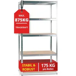 Stagecaptain Heavyrack Lagerregal mit Holzböden - Robustes Steckregal für Lagerräume und Keller, 5 anpassbare Böden mit insgesamt 875 kg Tragkraft, verzinkte Metallkonstruktion für hohe Stabilität, auch als Werkbank nutzbar.