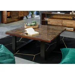 Massivmoebel24 Couchtisch SEVILLA - Altholz 100x100x42 - Couchtisch im Glas-Holz-Design, wertet Ihr Wohnzimmer auf und überzeugt mit einzigartigem Used-Vintage-Look. Jedes Stück ist ein Unikat mit natürlichem Charme durch individuelle Risse und Makel.